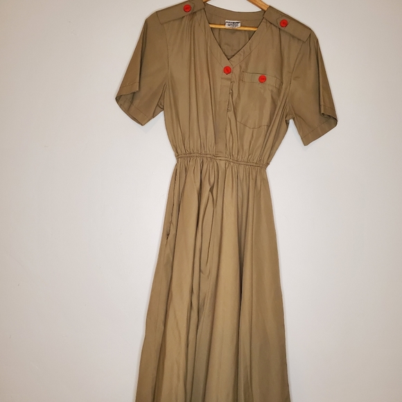 Revolution Muse Army-Influenced Dress with Pocket, Gathered Waist & Red Buttons - Picture 7 of 16